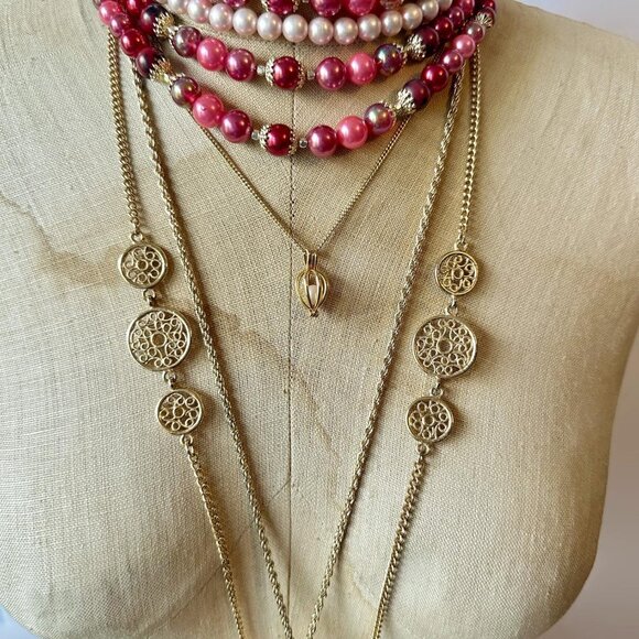 Layered Necklace Lot, God, Deep Pink, Red, Rhinestone, Bohemian, Multi Strand - Picture 6 of 8